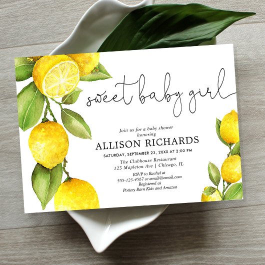 Sweet baby girl lemon waterverf baby shower kaart