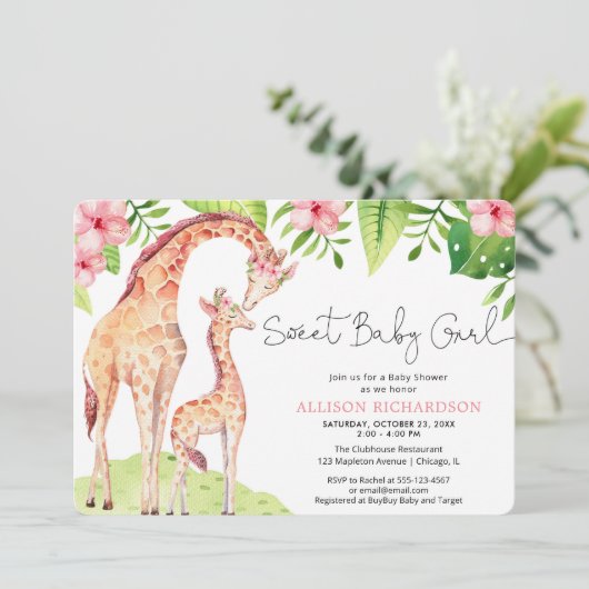 Sweet Baby Girl Leuke giraffe safari baby shower Kaart (Staand voorkant)