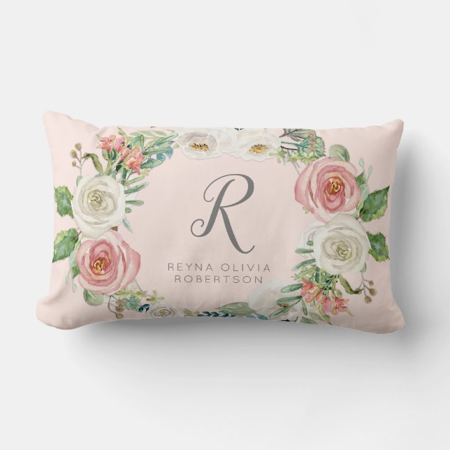 Sweet Baby Girl | Monogram Naam Blush White Floral Kussen (Voorkant)