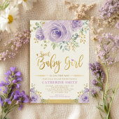 Sweet Baby Girl Paars Gold Floral Greenery Shower Kaart