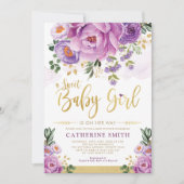 Sweet Baby Girl Paars Gold Peonies Baby shower Kaart (Voorkant)