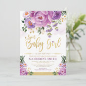 Sweet Baby Girl Paars Gold Peonies Baby shower Kaart (Staand voorkant)
