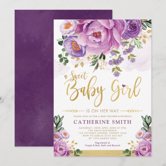 Sweet Baby Girl Paars Gold Peonies Baby shower Kaart (Voorkant / Achterkant)