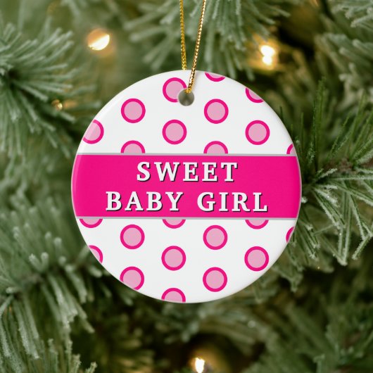 Sweet Baby Girl Pink Polka Dots Geboortestatistiek Keramisch Ornament (Boom)