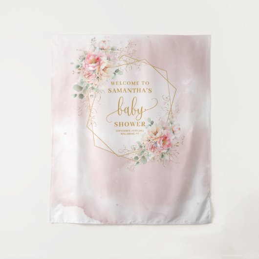 Sweet Baby Girl poeder roze gouden pioenen achterg Wandkleed (Voorkant)