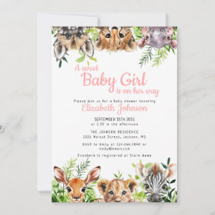 Sweet Baby Girl Safari Animals Baby shower Kaart
