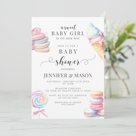 Sweet Baby Girl Schattige Pastel Snoep Baby shower Kaart (Staand voorkant)