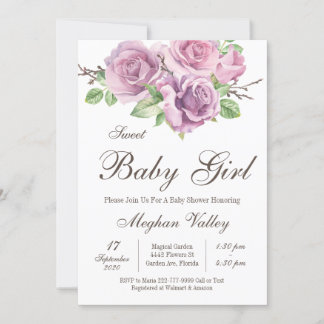 Sweet Baby Girl Shower Invitations, Purple Flowers Kaart