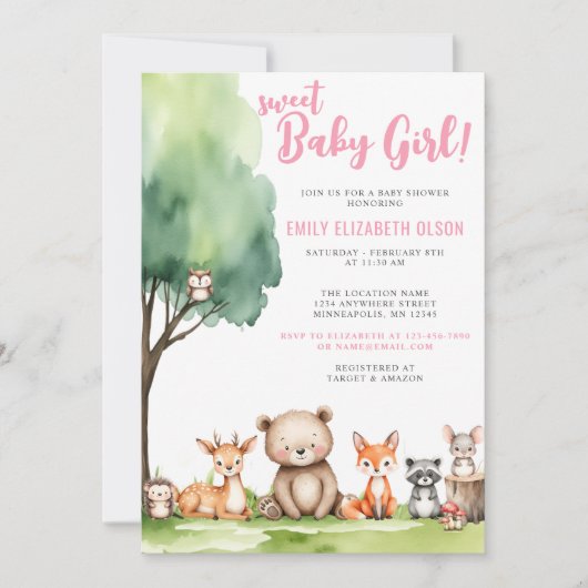 Sweet Baby Girl Woodland Animals Baby shower Kaart (Voorkant)