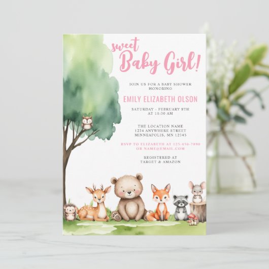 Sweet Baby Girl Woodland Animals Baby shower Kaart (Staand voorkant)