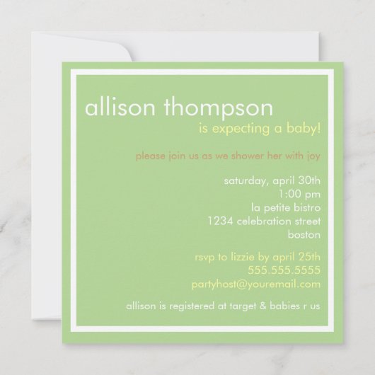 Sweet Baby Green Mobile Baby shower Invitation Kaart (Achterkant)