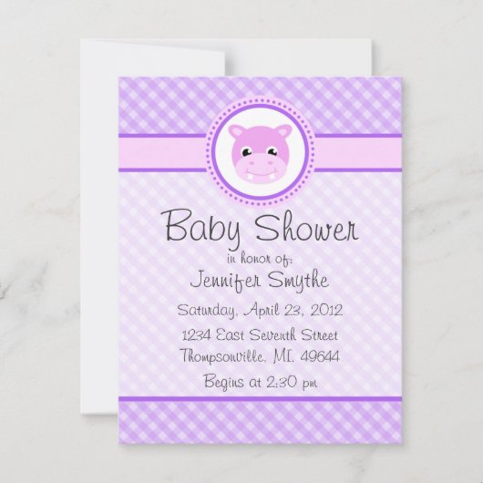 Sweet Baby Hippo Paarse Baby Shower Invitaties Kaart (Voorkant)