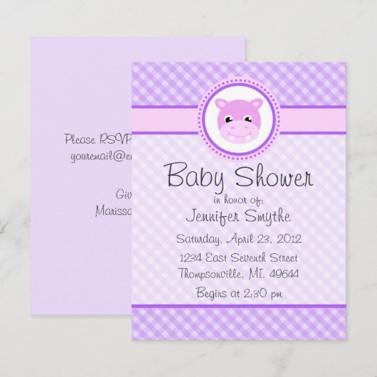 Sweet Baby Hippo Paarse Baby Shower Invitaties Kaart (Voorkant / Achterkant)