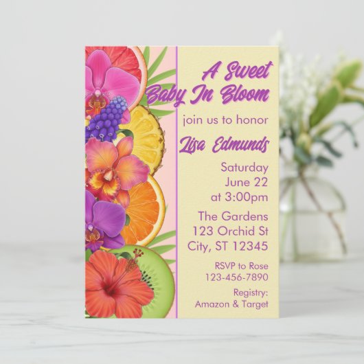 Sweet Baby in Bloom, flowers & fruit baby shower Kaart (Staand voorkant)