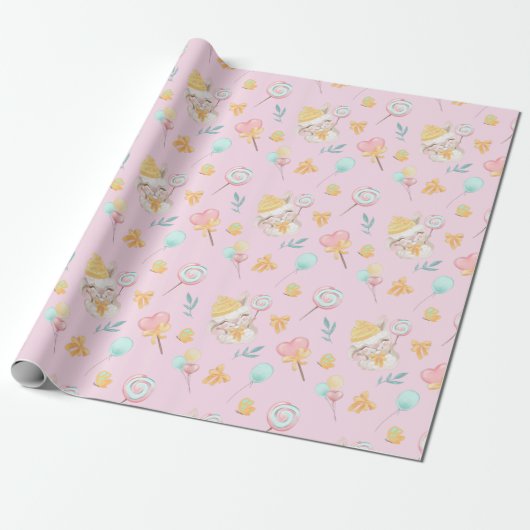 Sweet Baby Llama Pink Cadeaupapier (Uitgerold)