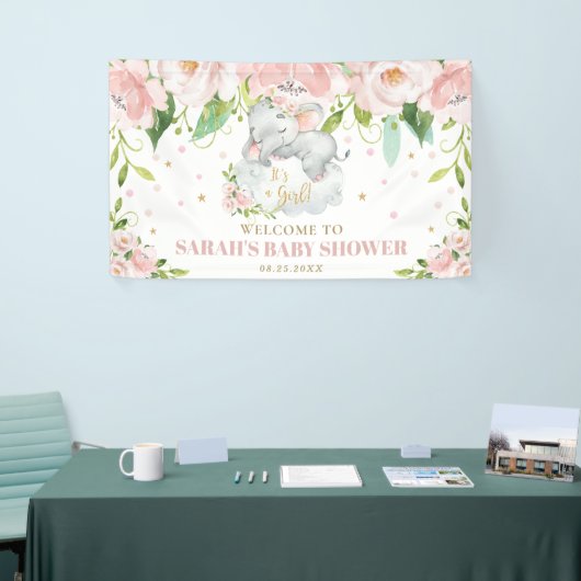 Sweet Baby Olifant Roze Bloemen Achtergrond Welkom Spandoek (Beurs)