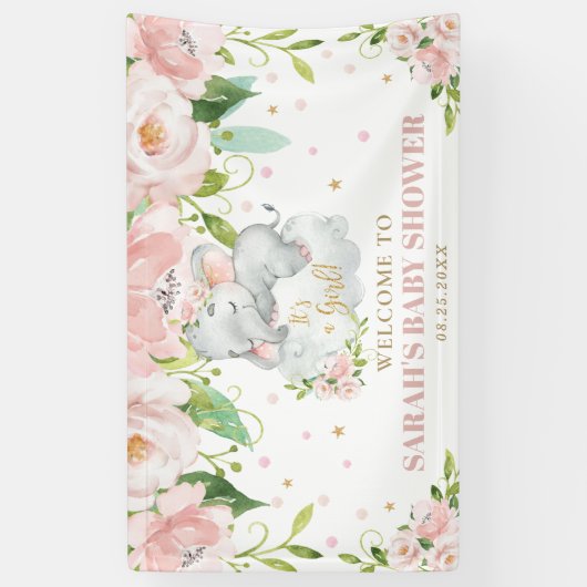Sweet Baby Olifant Roze Bloemen Achtergrond Welkom Spandoek (Verticaal)