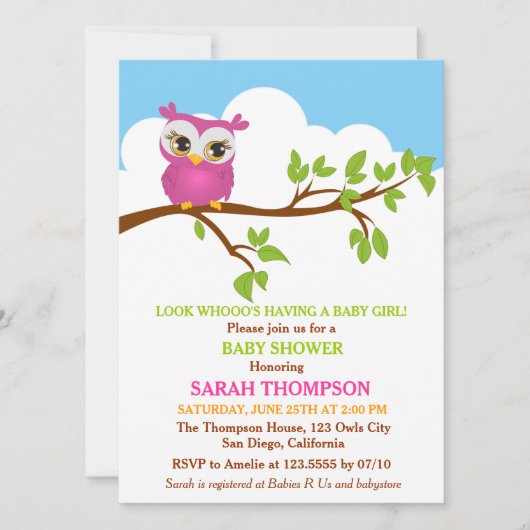 Sweet Baby Owl Baby shower Invitation Kaart (Voorkant)