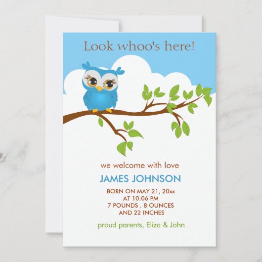 Sweet Baby Owl Boy Birth Notice Card Aankondiging (Voorkant)