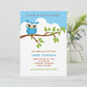 Sweet Baby Owl Boy Birth Notice Card Aankondiging (Staand voorkant)