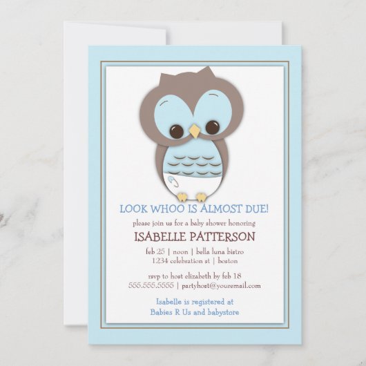 Sweet Baby Owl Boy Whoo Baby shower Invitation Kaart (Voorkant)
