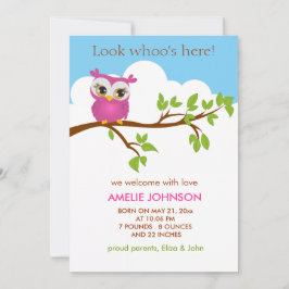 Sweet Baby Owl Girl Birth Announcement Card Aankondiging