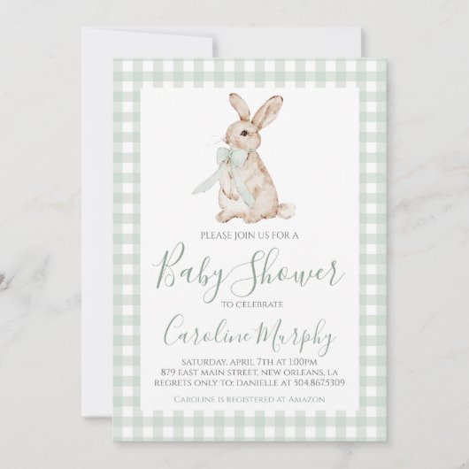 Sweet Baby shower Bunny Rabbit Green Gingham Kaart (Voorkant)