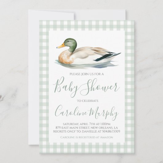 Sweet Baby shower Mallard Duck Green Gingham Kaart (Voorkant)