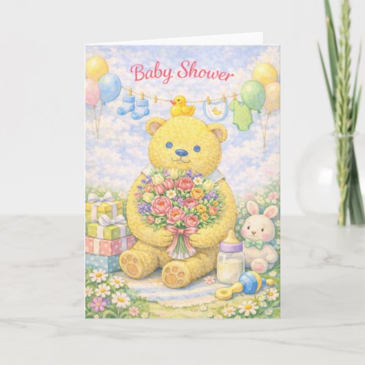 Sweet Baby Shower – Teddy Bear with Bouquet Kaart (Voorkant)