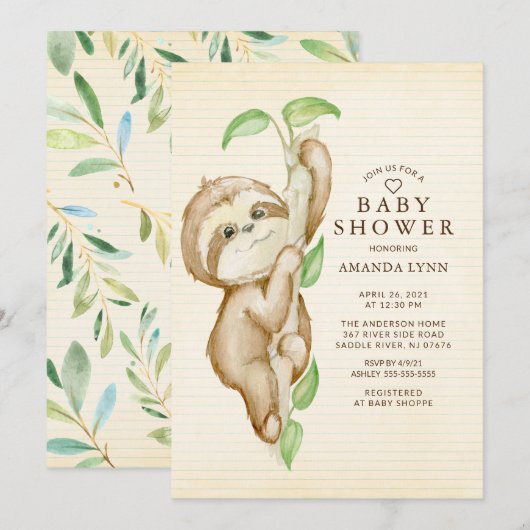 Sweet Baby Sloth Baby shower Kaart (Voorkant / Achterkant)