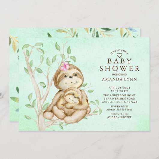 Sweet Baby Sloth Neutral Baby shower Uitnodiging (Voorkant / Achterkant)