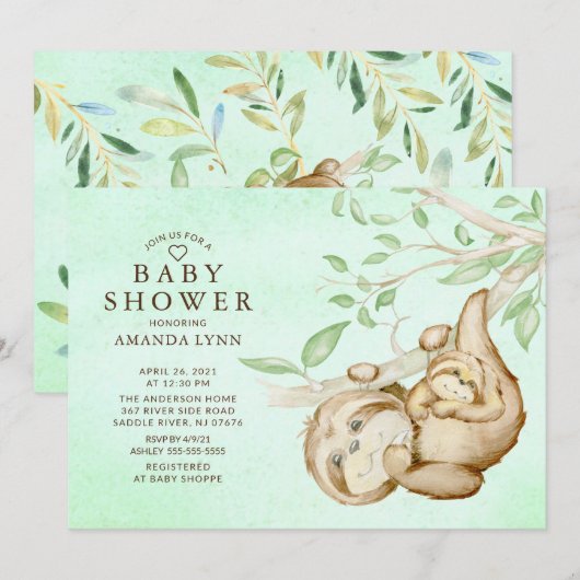 Sweet Baby Sloth Neutral Baby shower Uitnodiging (Voorkant / Achterkant)