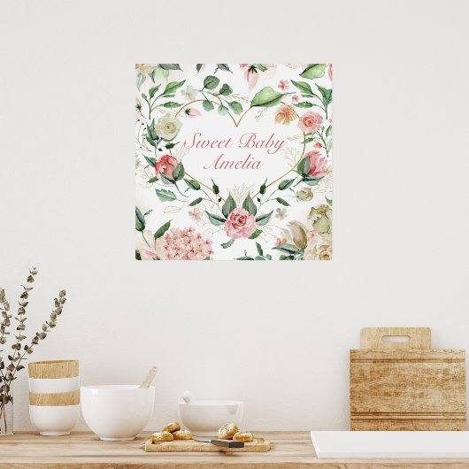 Sweet Baby Waterverf Floral Heart Bouquet Nursery Poster (Keuken)