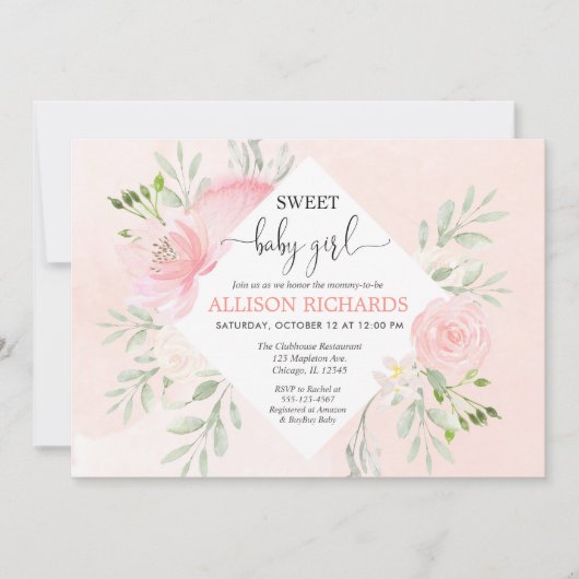 Sweet babymeisje douche Floral blozen roze groen Kaart (Voorkant)