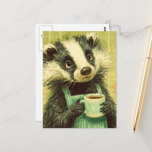 Sweet Badger met een kopje koffie Briefkaart (Voorkant / Achterkant in situ)