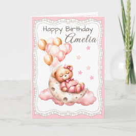 Sweet Bear on the Moon Birthday Card for Girl Kaart