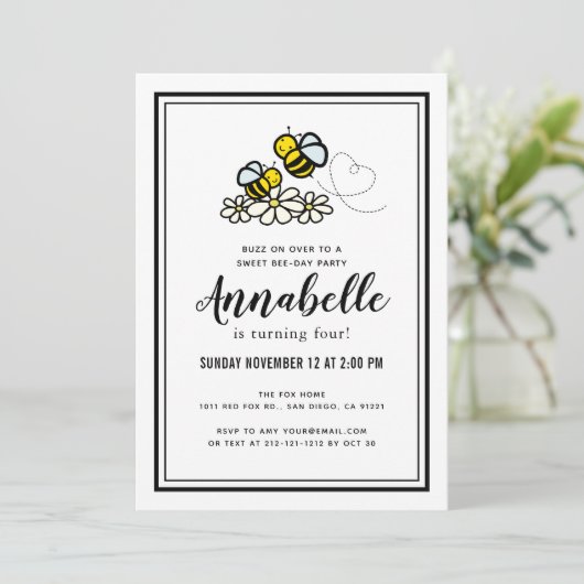 Sweet Bee Day Party Schattigee Bloemverjaardag Kaart (Staand voorkant)