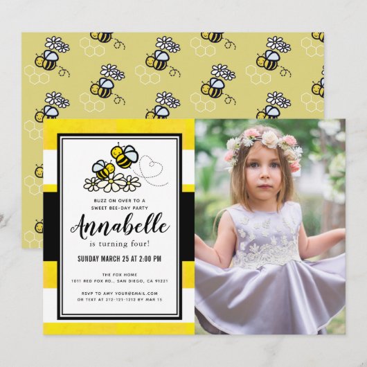 Sweet Bee Day Party Schattigee Gele Foto Verjaarda Kaart (Voorkant / Achterkant)