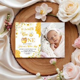 Sweet Bee One Photo 1st Birthday Invite Kaart
