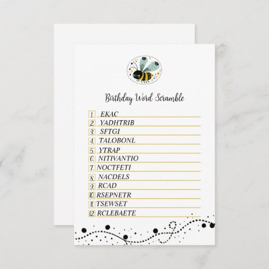 Sweet Bee verjaardagswoord Scramble Enclosure Kaar Informatiekaartje (Voorkant / Achterkant)