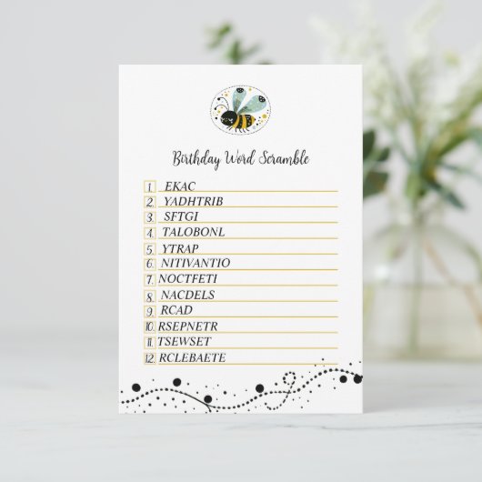 Sweet Bee verjaardagswoord Scramble Enclosure Kaar Informatiekaartje (Staand voorkant)