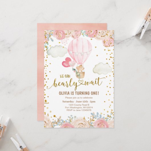 Sweet Beer Roze ballonnen Birthday Uitnodiging (Voorkant / Achterkant in situ)