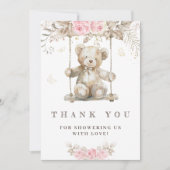 Sweet Beige Waterverf Teddybeer Roze Flora Bedankkaart (Voorkant)