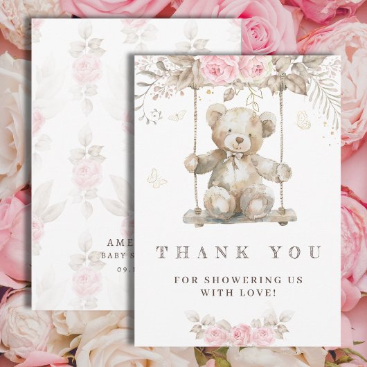 Sweet Beige Waterverf Teddybeer Roze Flora Bedankkaart