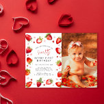 Sweet Berry Eerste Verjaardag Fotofeestje Briefkaart<br><div class="desc">Op zoek naar een memorabele eerste verjaardagsfeestje voor je kleine prinses? Zoek niet verder dan deze lieve briefkaarten! Met uw favoriete foto, een kleurrijke reeks waterverf sjabloon aardbeien en harten in prachtige tinten rood en roze, in combinatie met een strakke moderne uitnodigingsuitnodiging, zijn deze uitnodigingen de perfecte manier om geliefden...</div>
