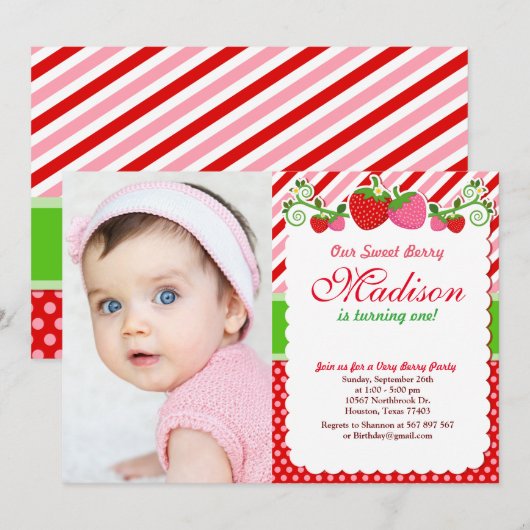 Sweet Berry Strawberry Birthday Fotouitnodiging Kaart (Voorkant / Achterkant)