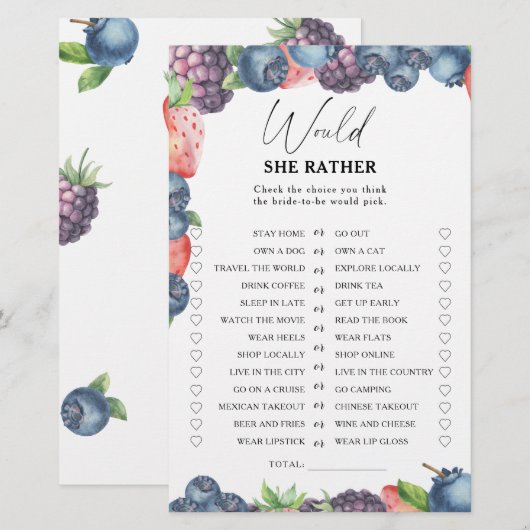 Sweet berry - Zou ze liever vrijgezellenfeest spel (Voorkant / Achterkant)