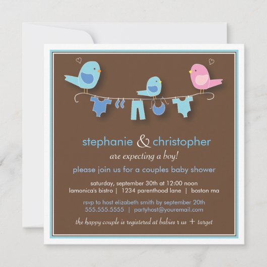 Sweet Bird Boy Couple Baby shower Invitation Kaart (Voorkant)