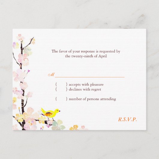 Sweet Bird op Cherry Blossom Wedding RSVP Uitnodiging Briefkaart (Voorkant)