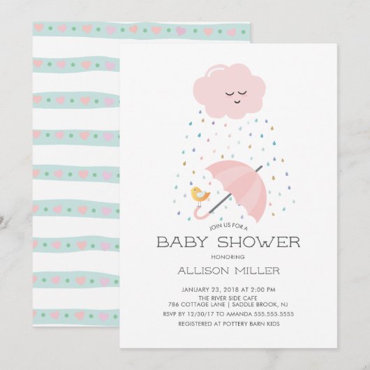 Sweet Bird Paraplu Baby shower Invitation Kaart (Voorkant / Achterkant)